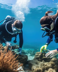 Scuba divers looking at coral.