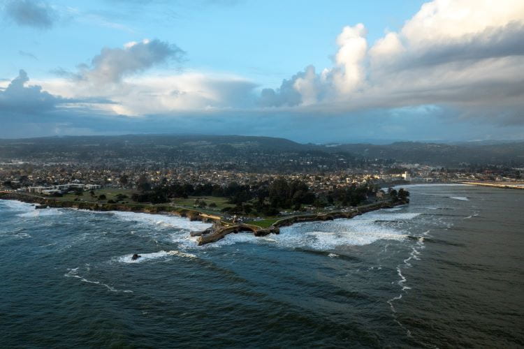 Drone view of West Cliff in Santa Cruz.